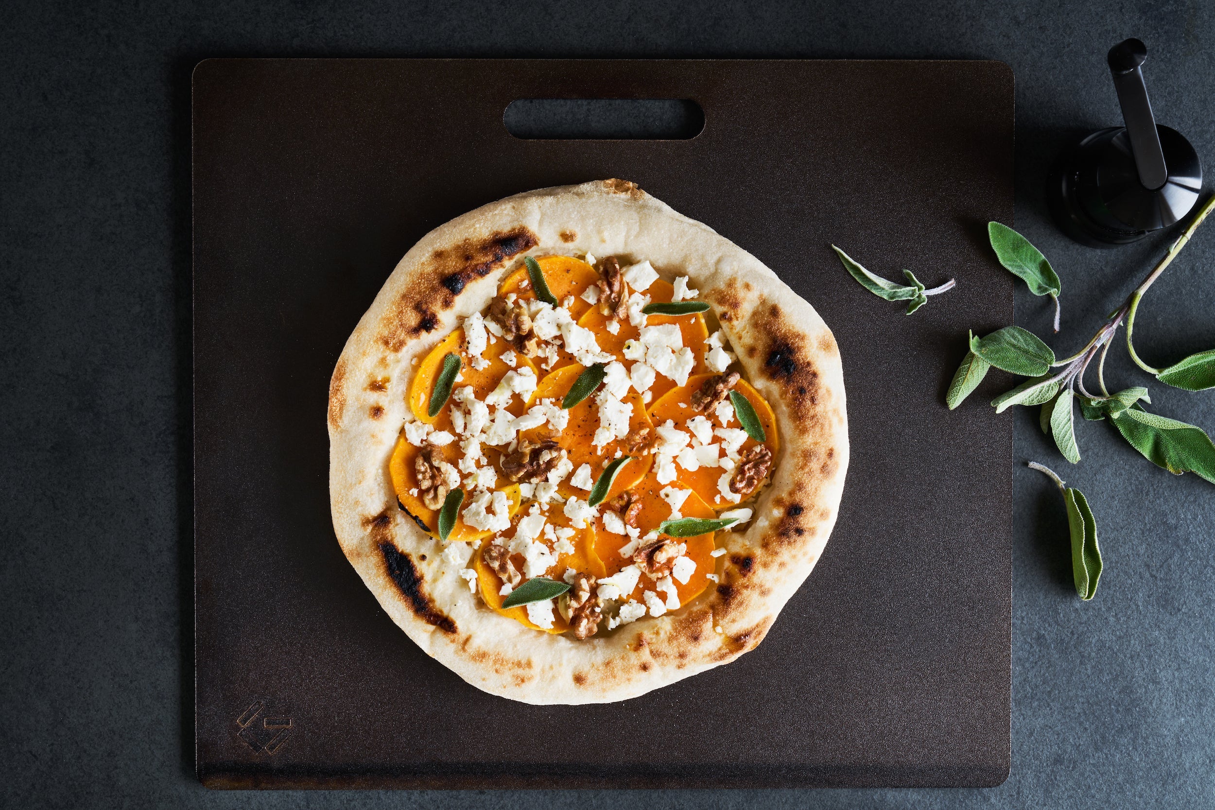 Pizza bianca with butternut squash, feta, and sage