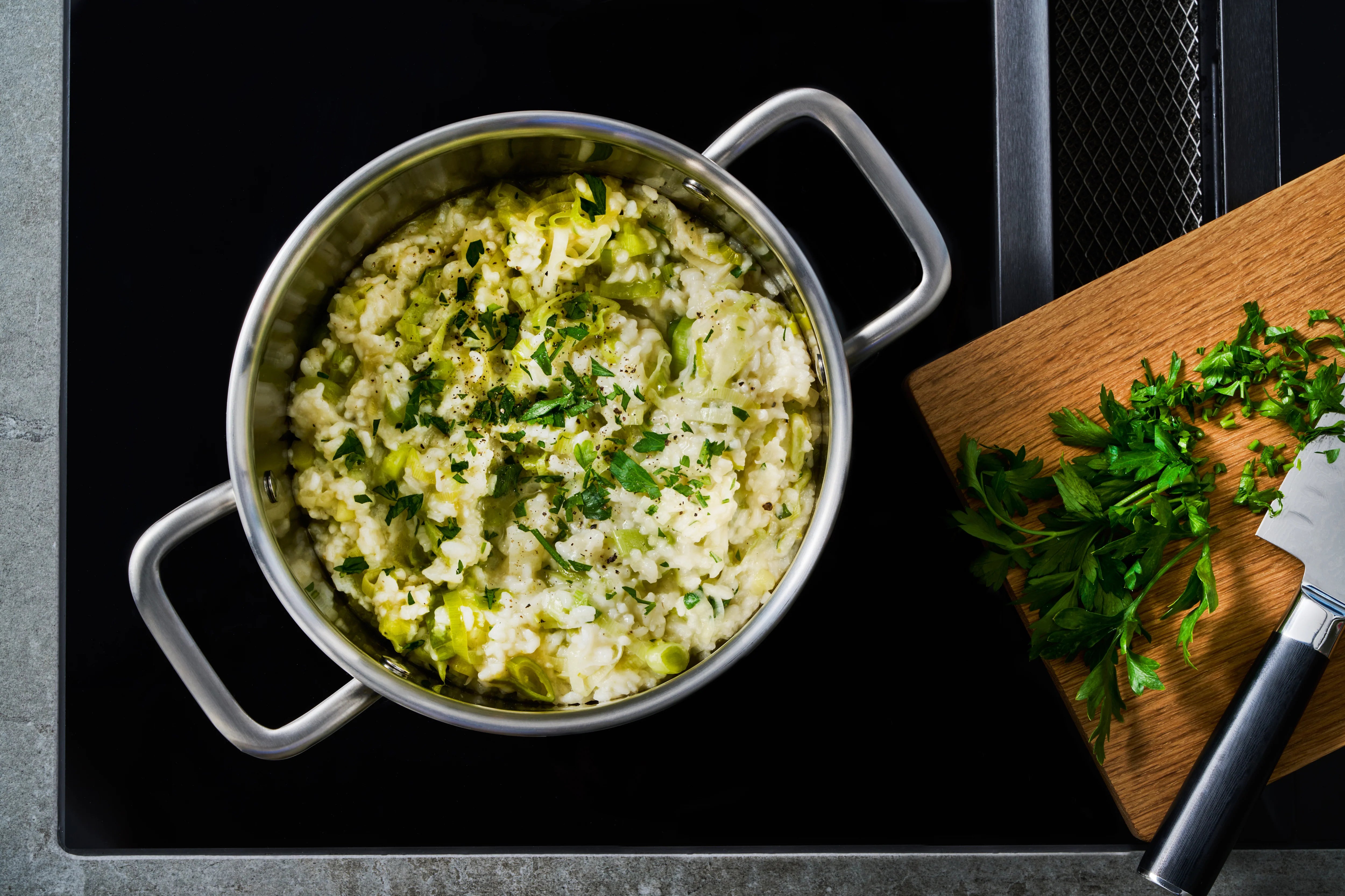 Risotto with leek, parsley, and parmesan