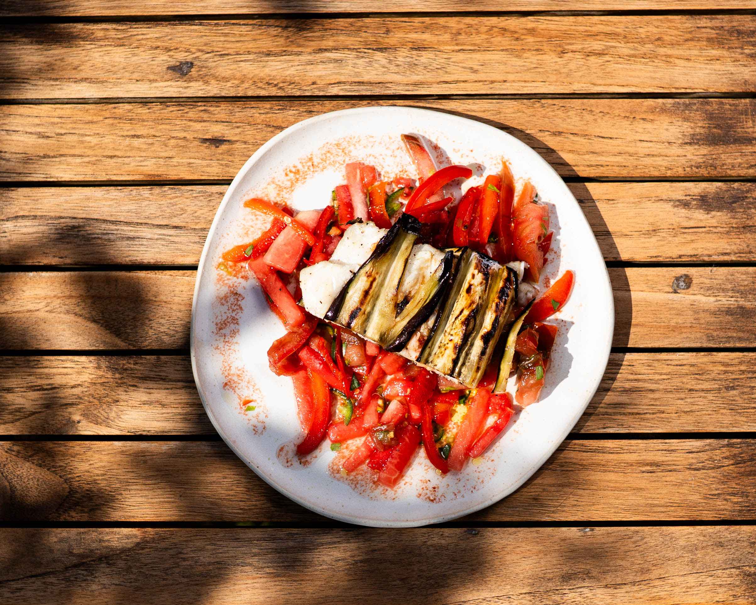 Charred Pollock with Crispy Eggplant, Shrimp and Melon Salad